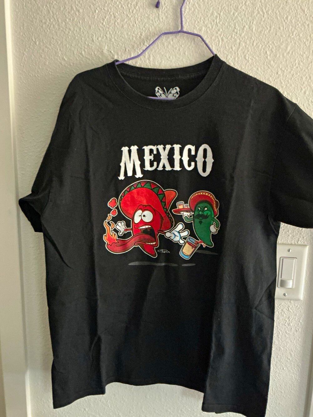 Mexico Men's Black Chili Pepper Mexico Graphic Print Crew Neck T-Shirt Cotton L